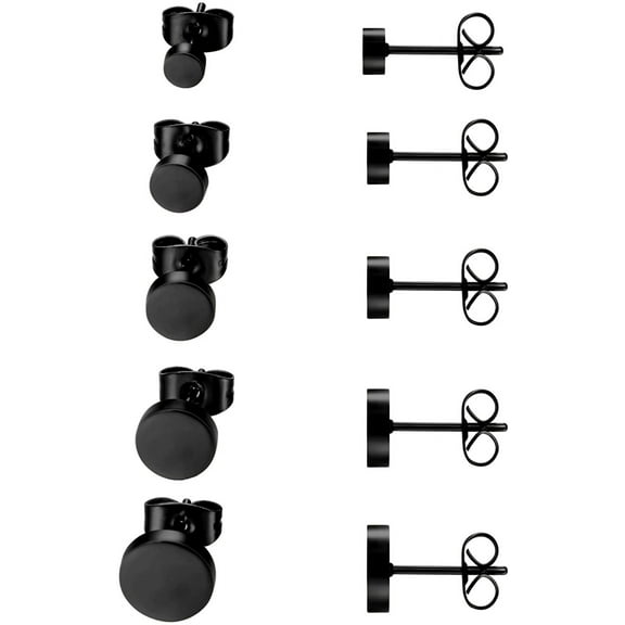 Monebena Jewelry 5 Pairs Stud Set, Stainless Steel Flat Round Polished Earrings Ear Jewelry for Women & Men, Black (4-8mm)