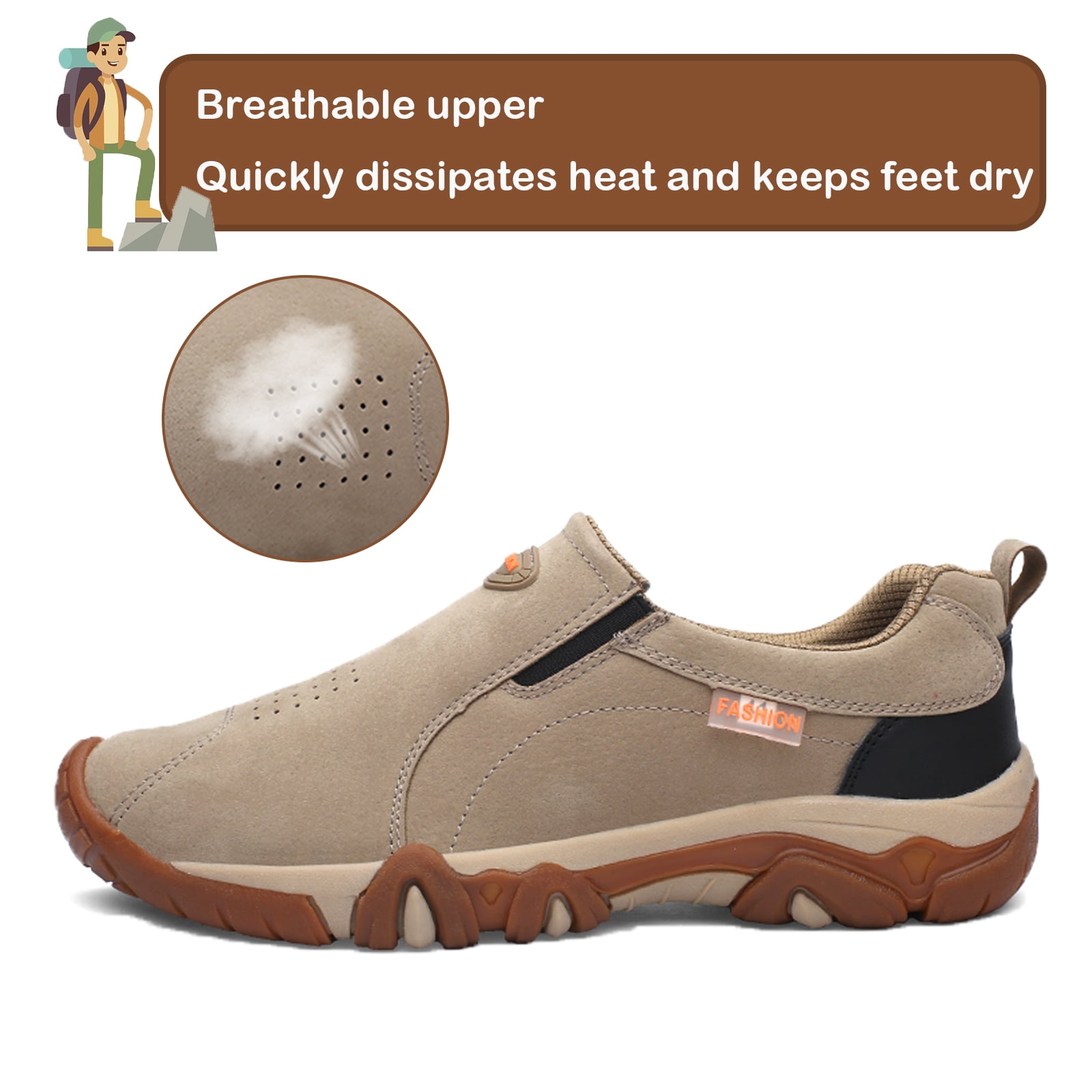 Hiking Shoes for Men Laceless Suede Breathable Slip Resistant Boots Lightweight Sneakers for Outdoor Walking Trekking Trail