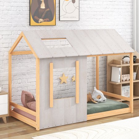 Twin Size House Platform Bed  Pine Wood Bedframe with Roof and Window Design  Perfect for Kids Bedroom  Dorm  No Box Spring Need  Natural+Antique White