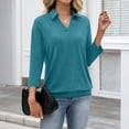 thumbnail image 5 of Qwertyu Womens Polo Shirts 3/4 Sleeve Banded Bottom Tops Business Casual Tops Collared V Neck Blouses Cyan L, 5 of 7