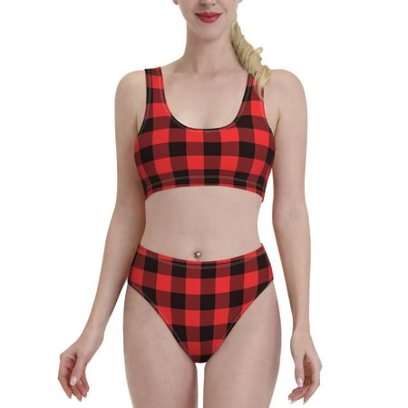 Bixox Buffalo Plaid Red Black Pattern Two-Piece Sports Bikini with U-Shaped Top and High-Waist Bottom - Women s Swimwear with Removable Bra Pads