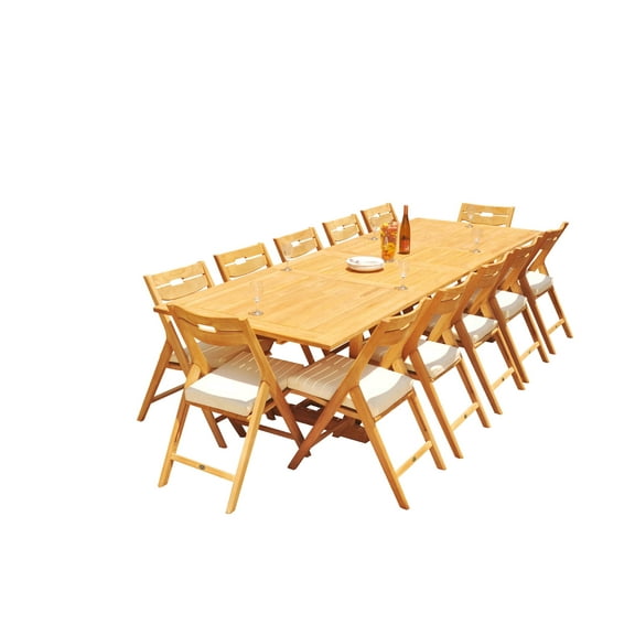 Grade-A Teak Dining Set: 12 Seater 13 Pc: 118" Mas Rectangle Trestle Leg Table And 12 Surfliner Folding Reclining Arm Chairs WholesaleTeak #51SL2513