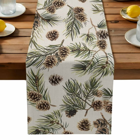 Brown Pine Cones Table Runner, Green Leaves Branch Vintage Linen Kitchen Table Runners Dress Scarves for Table Decorations Party/Restaurant/Indoor Outdoor Use, 13x90in