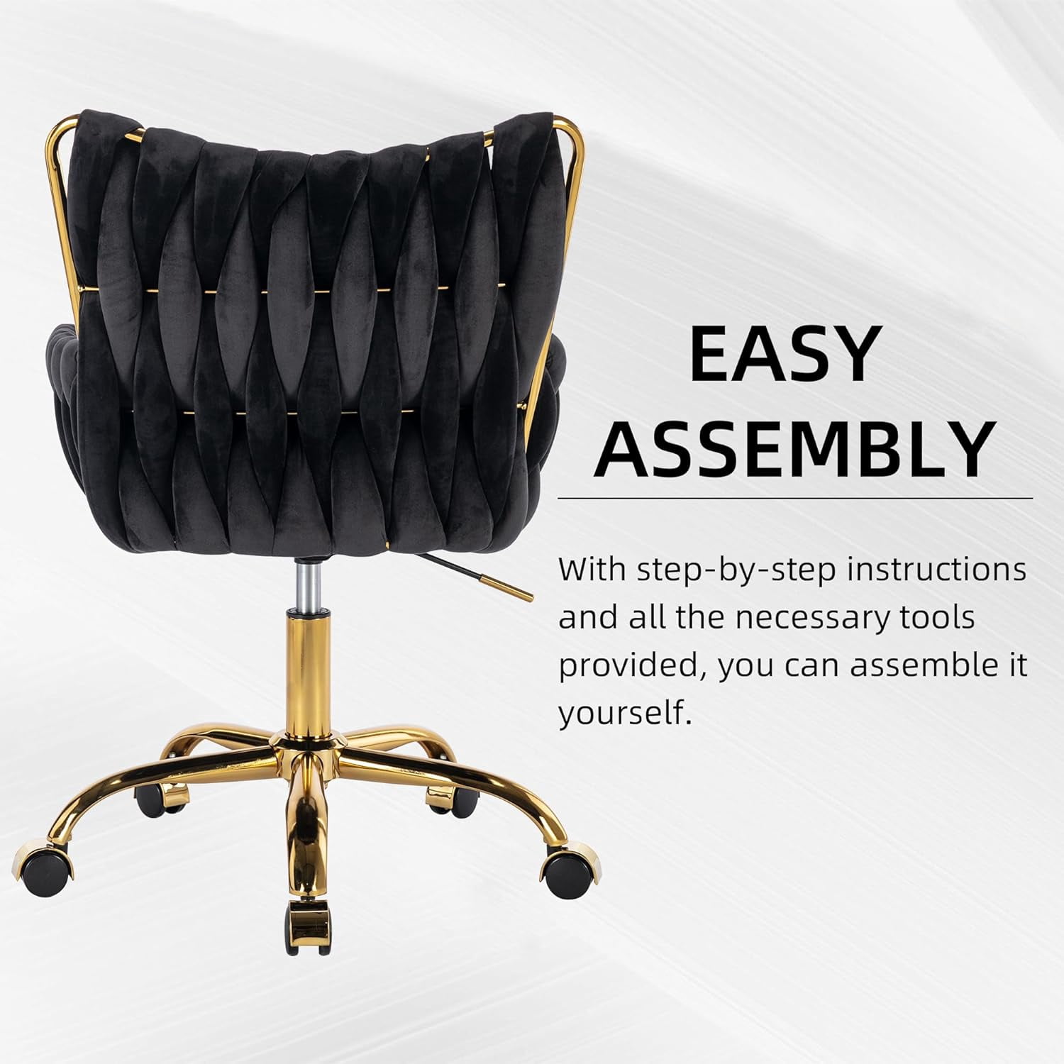 Westice Velvet Desk Chair, Home Office Gold Comfy Chair with Hand Woven High Back, Height Adjustable Swivel Chair with Comfy Upholster for Makeup Vanity Living Room Bedroom, Black