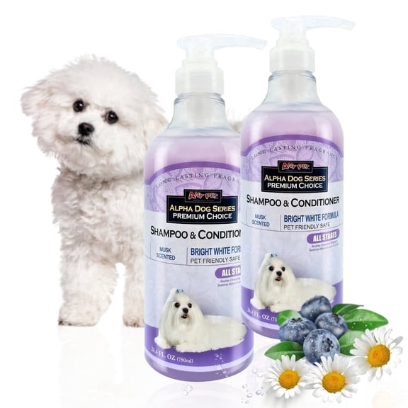 Alpha Dog Series Whitening Dog Shampoo and Conditioner 2-in-1, Tear-Free Aloe Vera Sensitive Skin Formula, Deodorizing Coat Care, 26.4 oz Bottles, 2 Pack