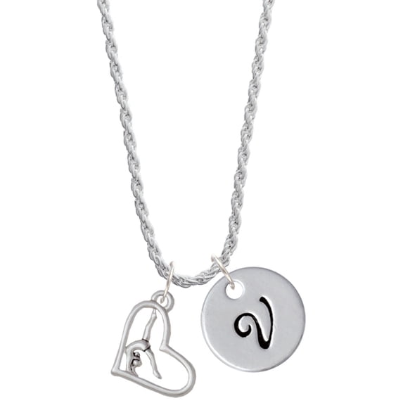 Delight Jewelry Gymnast in Heart Silvertone Script Initial Disc - V - Charm Necklace, 20"+3"