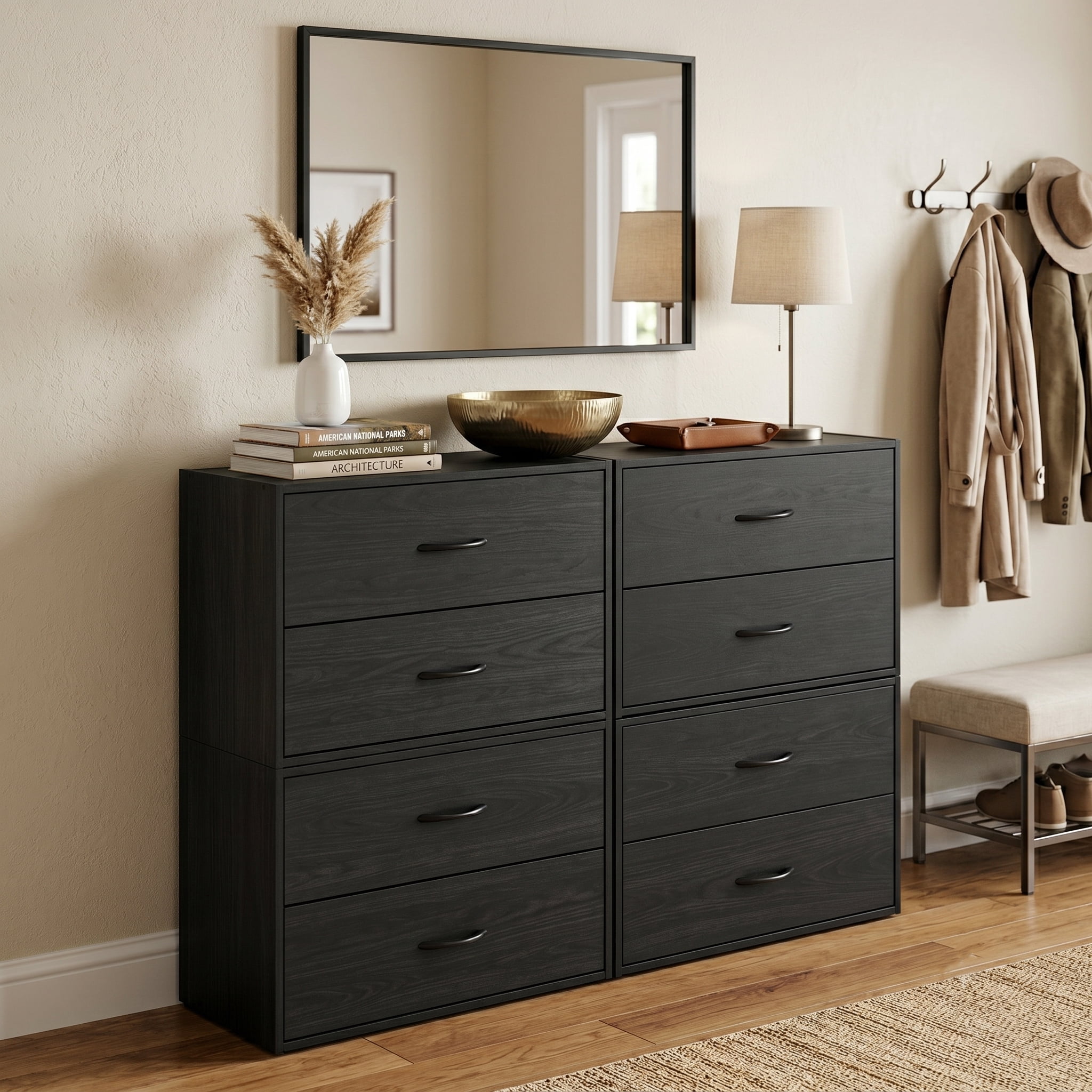 Prilinex 2 Drawer Storage Organizer Set of 4, Stackable Short Closet Dresser for Clothes, Wood Drawer Dresser with Anti-Topping Kits for Bedroom Living Room, Black