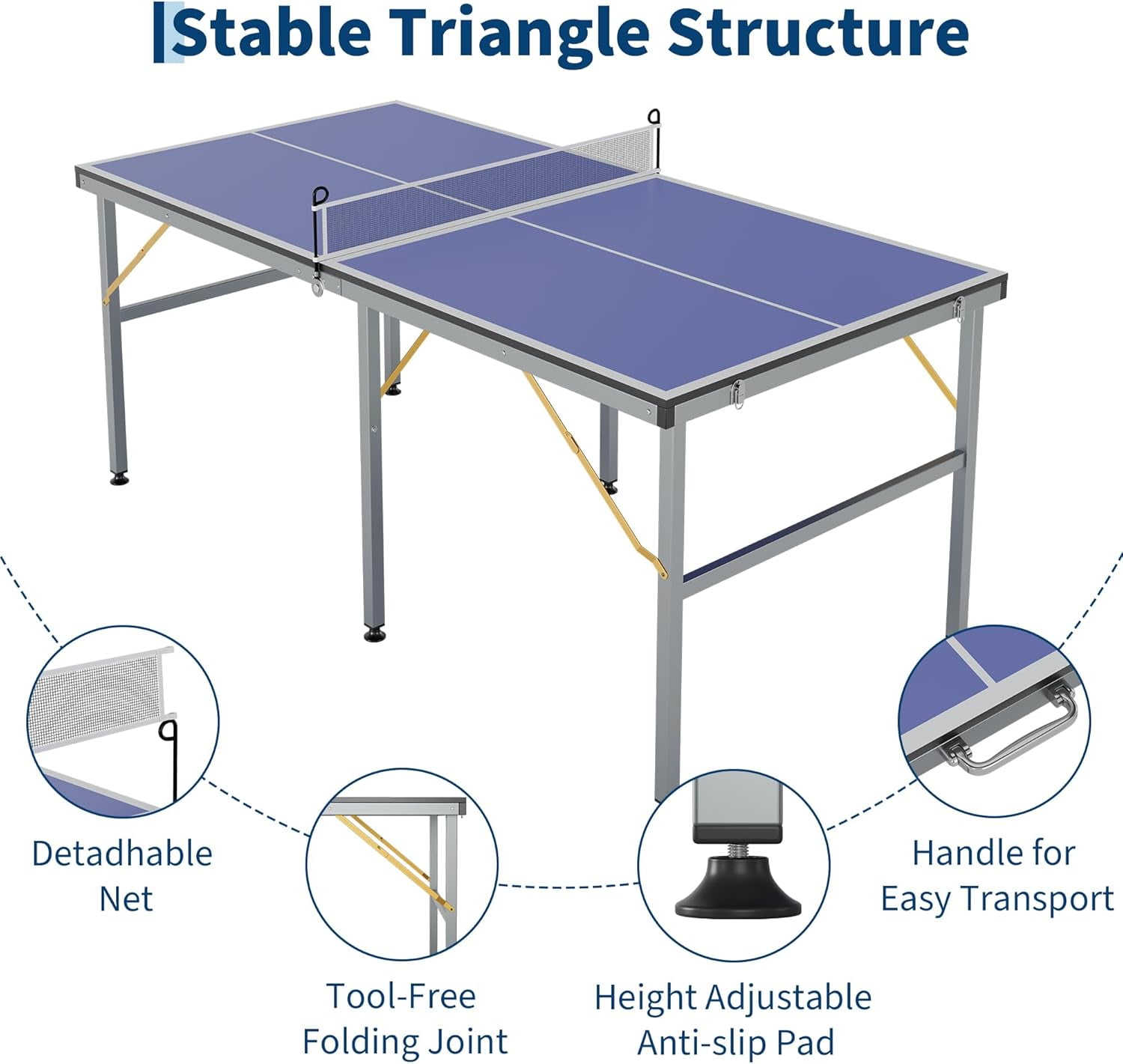 Riedhoff Portable Table Tennis Table, Ultra-Compact Design with Net, 2 Paddles & 3 Balls, 72 x 36", Blue