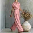thumbnail image 6 of Womens Casual Two Piece Outfit Short Sleeve Collared Shirt High Waist Wide Leg Pants with Pockets Solid Color Loungewear Set Pink L(L), 6 of 6