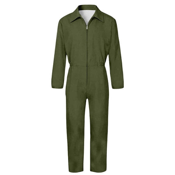 Mens Solid Color Coveralls Collared Long Sleeve Zip Up Utility Jumpsuits with Pockets Mechanic Workwear Boiler Suits