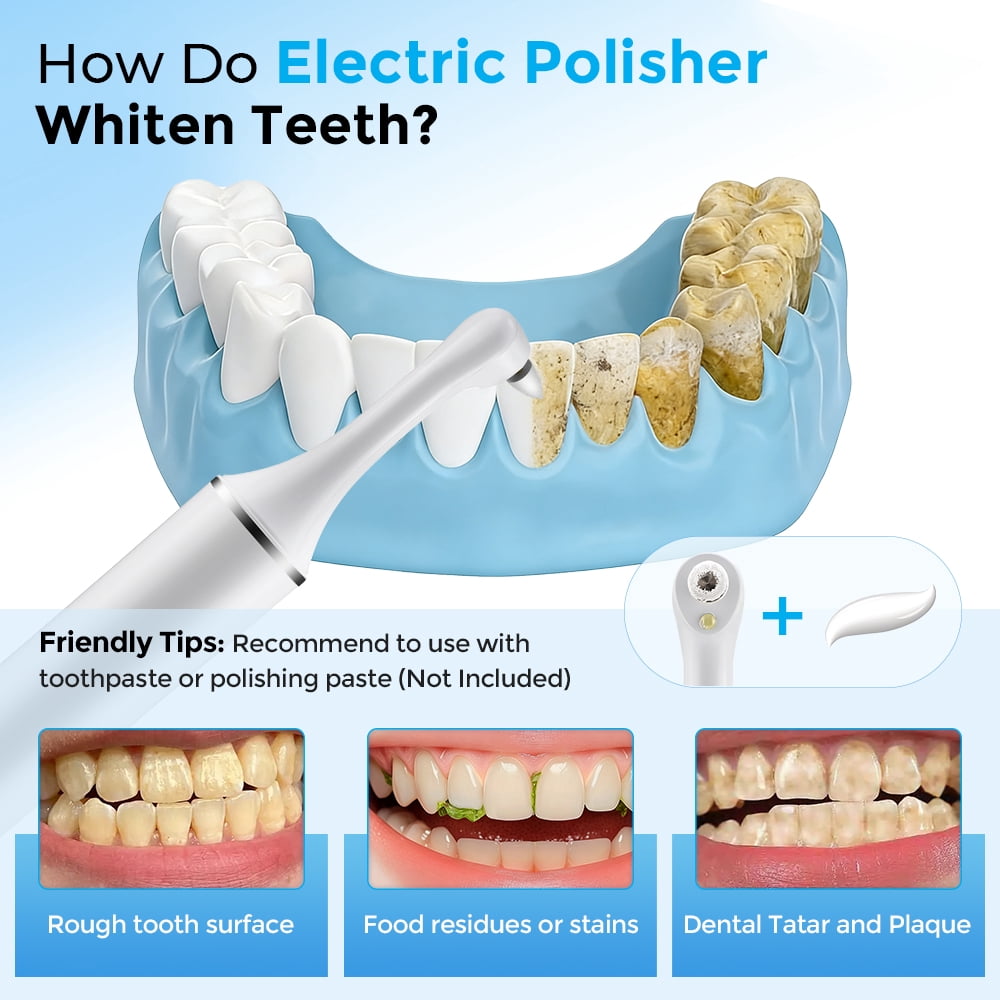 Electric Tooth Polisher, Teeth Whitening Cleaner, Plaque Dental Tartar Remover with 5 Speed Modes with 6 Brush Heads, LED Light, 10min Auto Shut Off, Rechargeable Teeth Cleaning Kit for Teeth Health