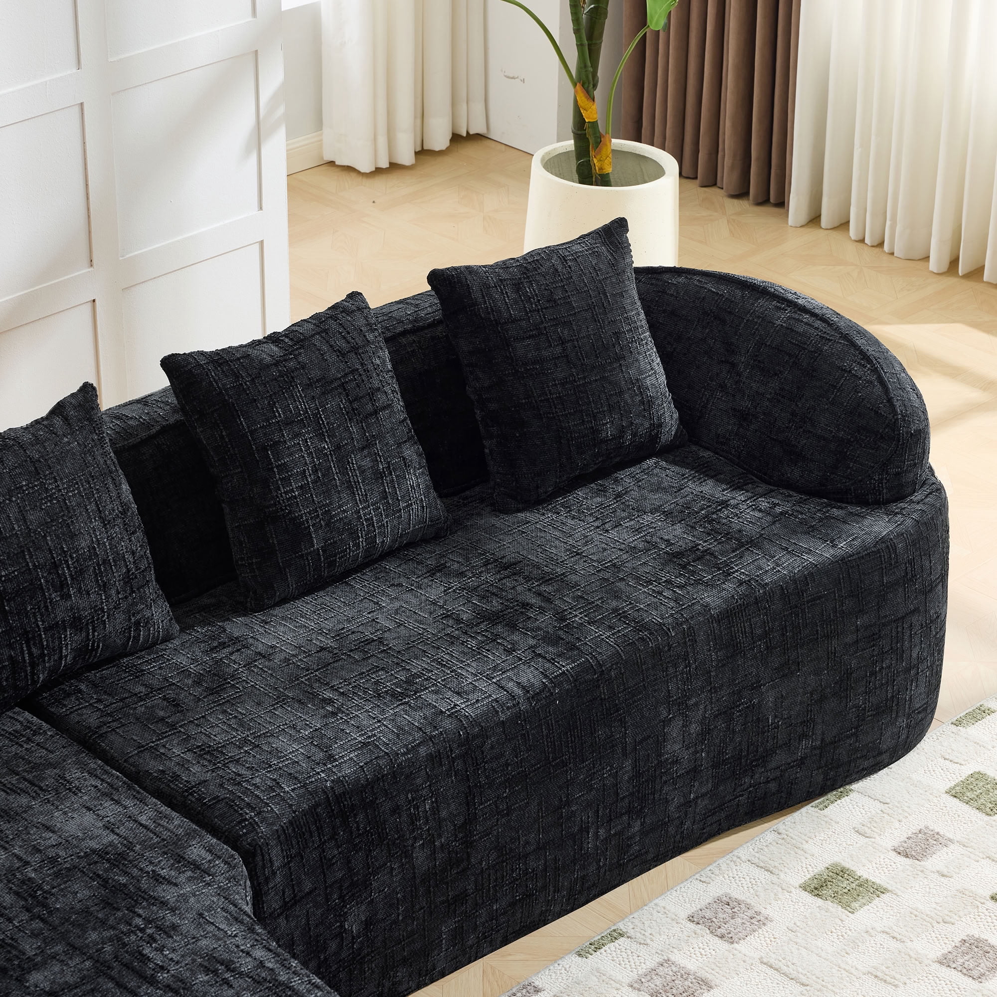 MAYEERTY L-Shaped Chenille Sectional Sofa with Chaise Lounge, 4-Seat Compressed Couch with 4 Throw Pillows, for Living Room Apartment Small Spaces
