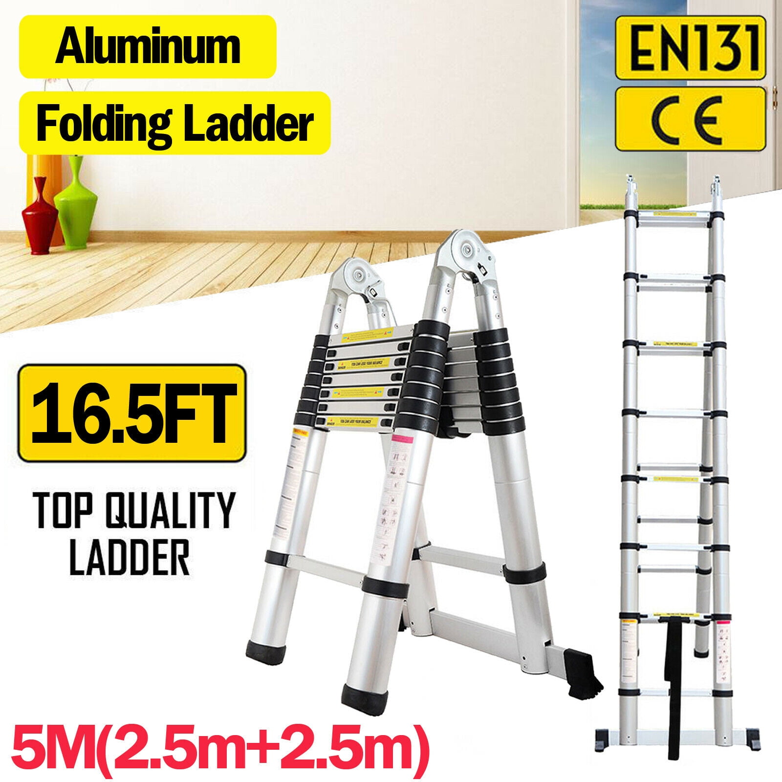 16.5FT Aluminum Telescopic A-Frame Ladder Extension Folding Ladder 330Lbs EN131 