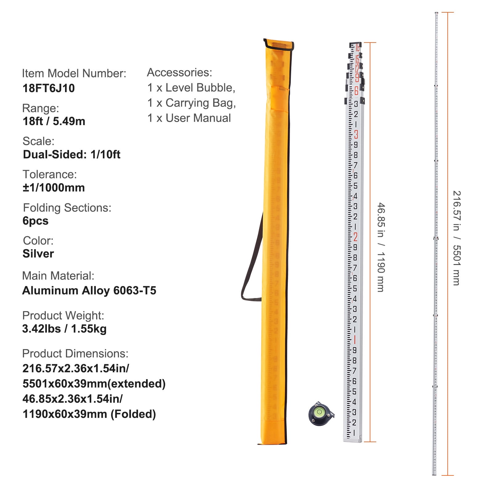 KFFKFF 18-Foot Aluminum Telescopic Measuring Rod, 6-Section Double-Sided Scale Leveling Stick, 1/10ft Graduations,Durable Aluminum Alloy Survey Rod with Bubble Level and Carrying Bag for Construction