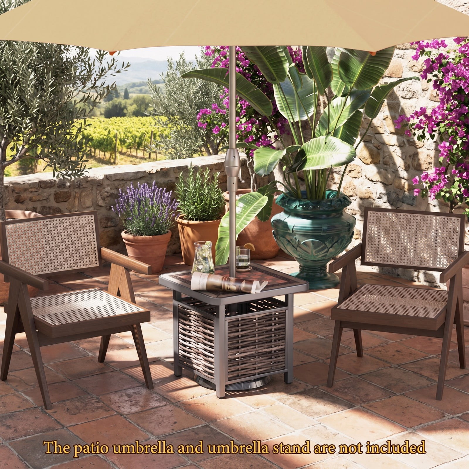Furnibear 21.5 Inch Square Outdoor PE Rattan Patio Side Table with Umbrella Hole for the Backyard and Poolside, Black and Brown
