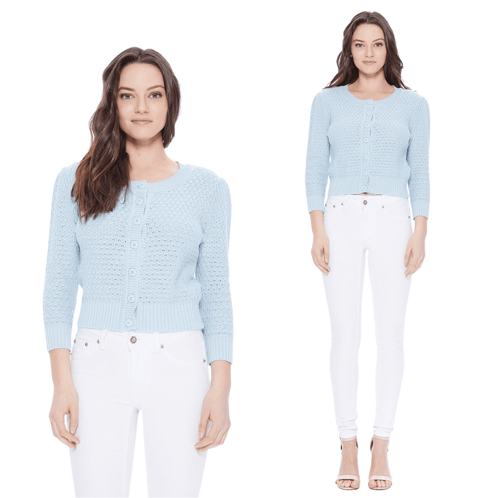YEMAK Women's Crewneck Button Down 3/4 Sleeve Cropped Knit Cardigan Sweater MK3514