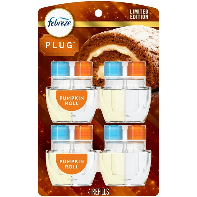 Febreze Plug In Air Freshener, Odor-Fighting Scented Oil Refill, Pumpkin Roll Scent, 4 Refills