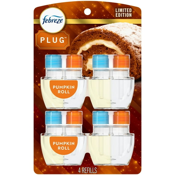 Febreze Plug In Air Freshener, Odor-Fighting Scented Oil Refill, Pumpkin Roll Scent, 4 Refills