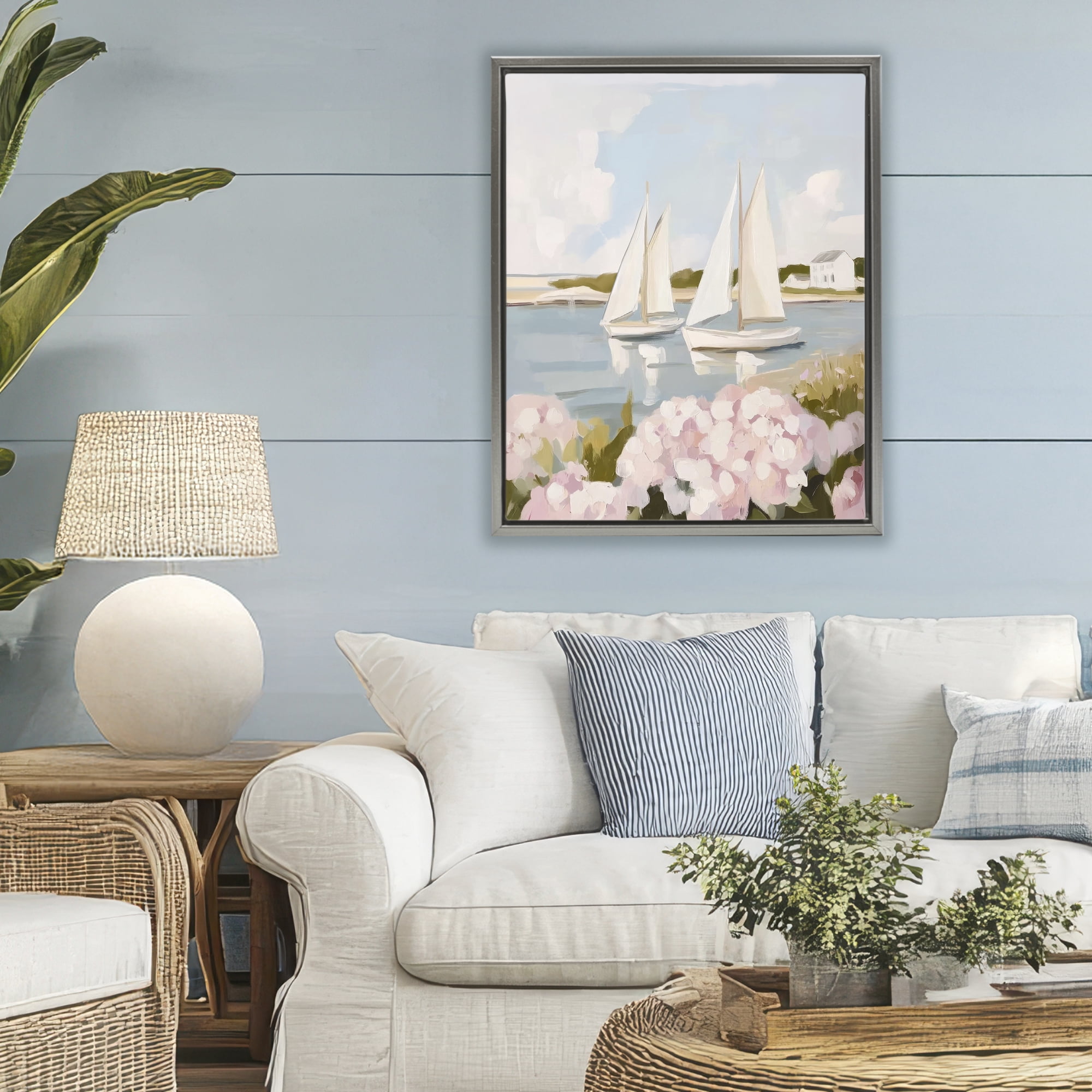 Stupell Industries Sailboat Duo with Pink Hydrangeas Gray Framed Floater Canvas Wall Art, design by Sisi and Seb