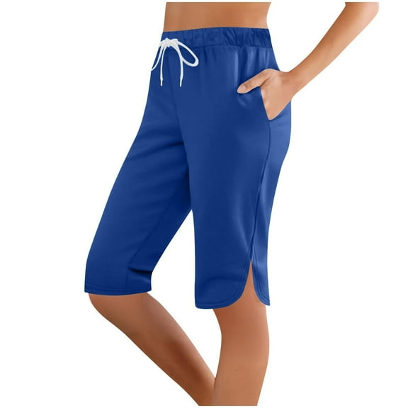 UAMVSH Shorts for Women Trendy Side Slit Comfy Knee Length Athletic Capri Pants Elastic Waist Drawstring Long Shorts with Pockets