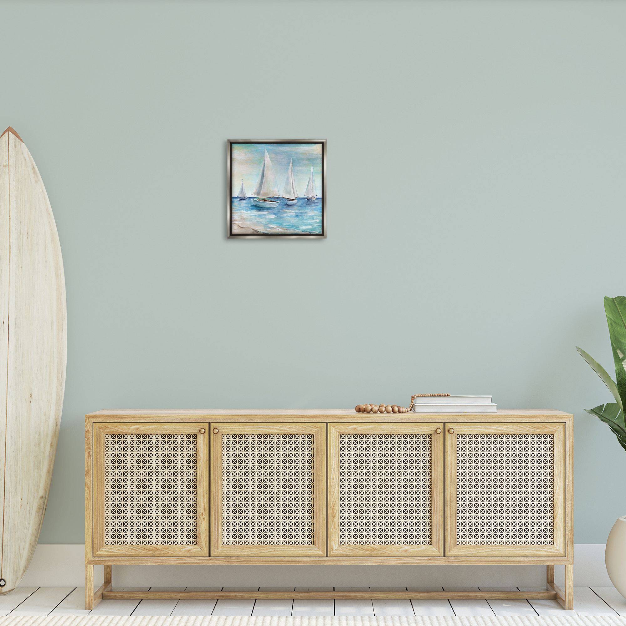 Stupell Industries Sailboats Floating Peacefully Nature Painting Gray Floater Framed Canvas Art Print Wall Art, 18 x 18