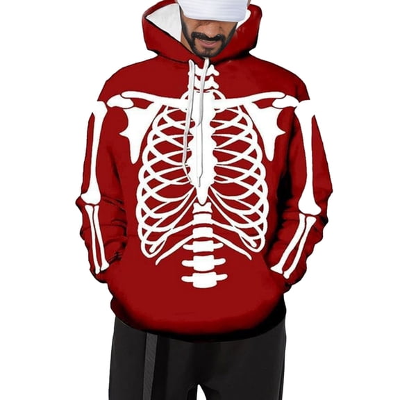 RUTAYY Men's Hoodie Long Sleeve Drawstring Front Pocket Halloween Full Body Skeleton Graphic Print Daily Casual Pullover Sweatshirt Red