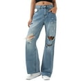 thumbnail image 4 of YAYUBA Women Jeans Mid-Low Waist High Stretch Loose Tummy Control Hip Hop Boyfriend Denim Pants with Pockets,Blue,XXXL, 4 of 9