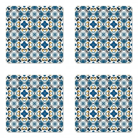 

European Coaster Set of 4 Portuguese Ceramic Classic Tilework Building Artisan European Inspired Image Print Square Hardboard Gloss Coasters Standard Size Royal Blue by Ambesonne