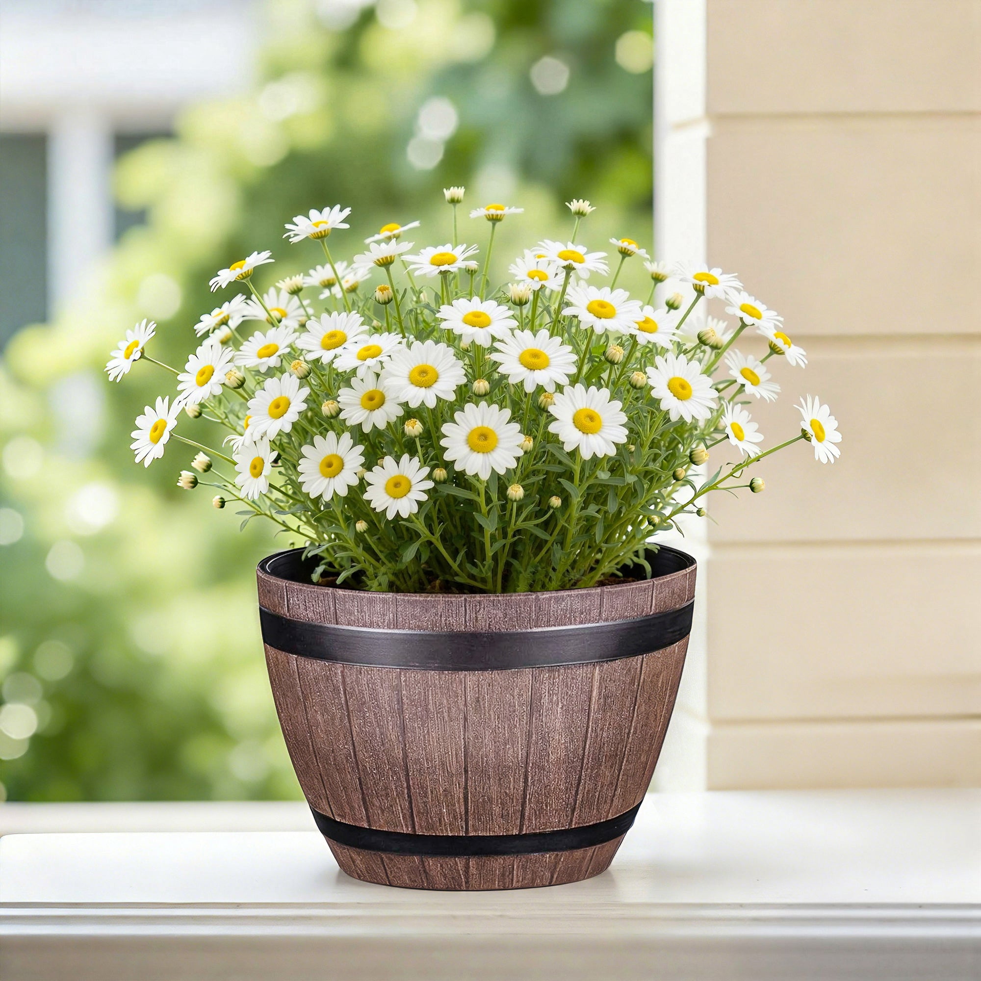 VECELO 3 Pack 13 inch Plant Pots, Whiskey Barrel Planters with Drainage Holes & Saucer, Plastic Imitation Wine Barrel Decoration Flower Pots, for Indoor & Outdoor Garden Home Plants, Reddish-Brown
