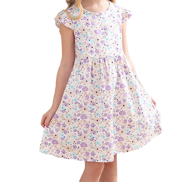 vdgthytj Robes d'Été pour Filles Tout-Petits Imprimé Floral Manches Volantes Robe de Plage pour Enfants 2-10 Ans