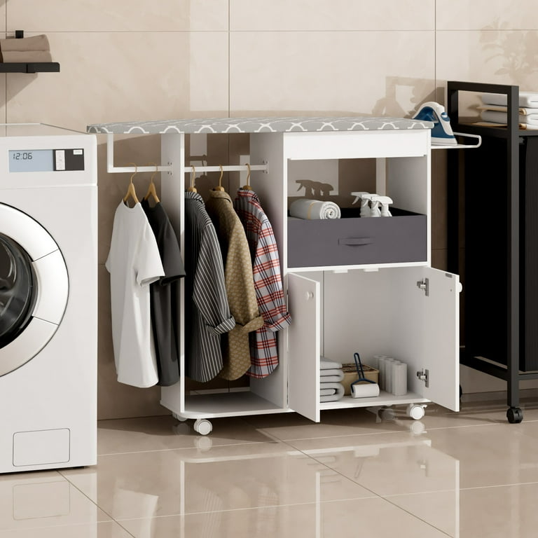 Advwin Rolling Ironing Board with Storage Cabinet, Drawer and Iron
