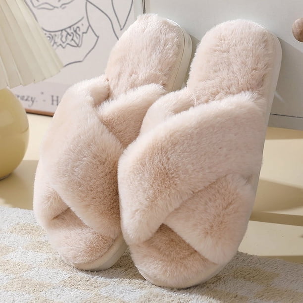 Pantuflas peludas para mujer con banda cruzada y espuma viscoelástica, zapatillas de casa con punta abierta