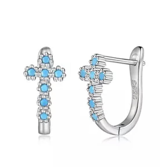 K-KED 925 Solid Sterling Silver Cross Zirconia Clip On Hoop Earring Party Wedding Gift-Blue