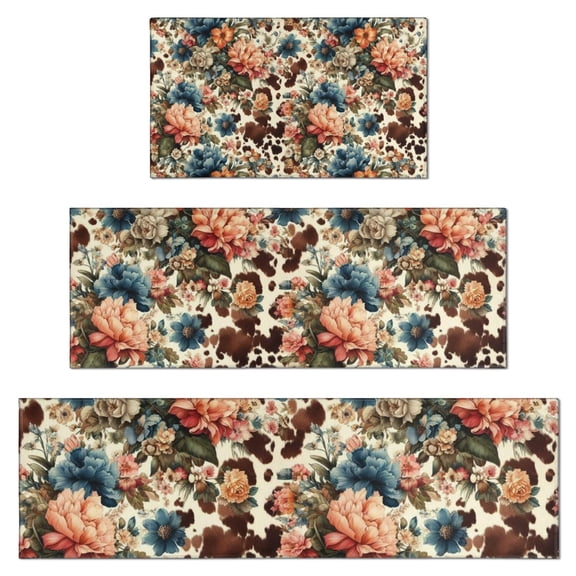 Pioneer Flower Floral Print Pattern Kitchen Rugs Sets Of 3,Kitchen Runner Rugs Non Skid Washable,Decorative Kitchen Floor Mats for Kitchen,Sink,Laundry,17"x30" 17"x47" 17"x59"