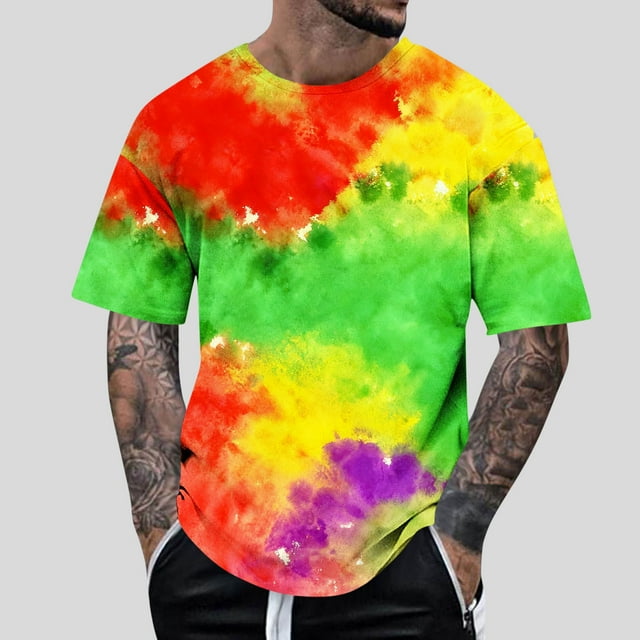 RKSTN Tie Dye T Shirts for Men Oversized Crew Neck Cotton Short Sleeve Shirts Pullover Top Mens Casual Round Neck Plus Size Loose Fits Comfy Summer Tee Shirts