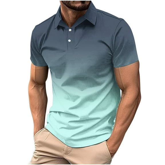 QQAMB Shirts for Men Plus Size Gradient Button Down Summer Turndown Collar Shirts Business Work Tunic Blouse Light Blue 4XL