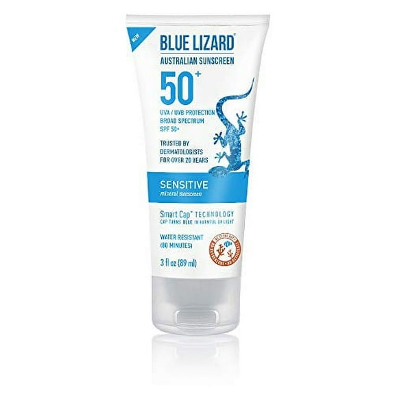 Blue Lizard SENSITIVE Mineral Sunscreen with Zinc Oxide, SPF 50 , Water Resistant, UVA/UVB Protection with Smart Cap Technology - Fragrance Free, 3 oz. Tube