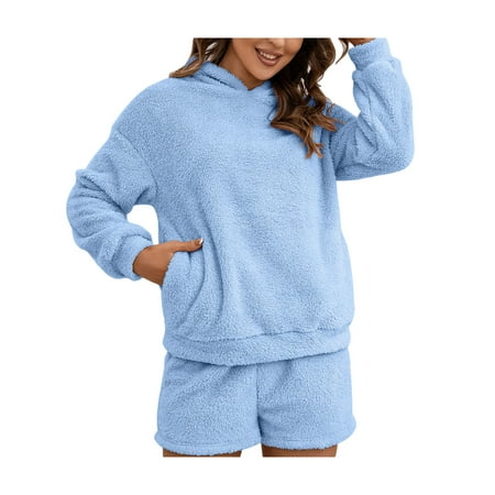 

Sunisery Women s 2Pcs Casual Pajama Sets Plush Flannel Solid Color Long Sleeve Hooded Tops Shorts Sleepwear Blue XL