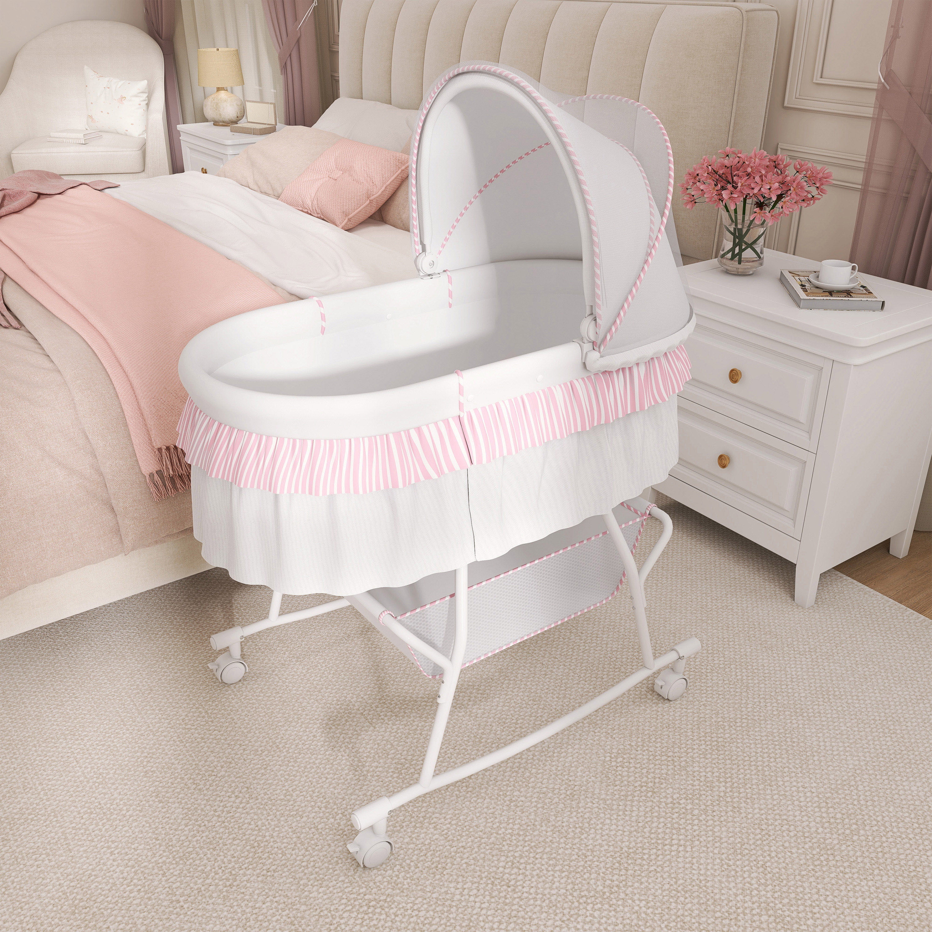 Dream On Me Lacy Portable 2-in-1 Bassinet & Cradle in Pink and White, Lightweight Baby Bassinet
