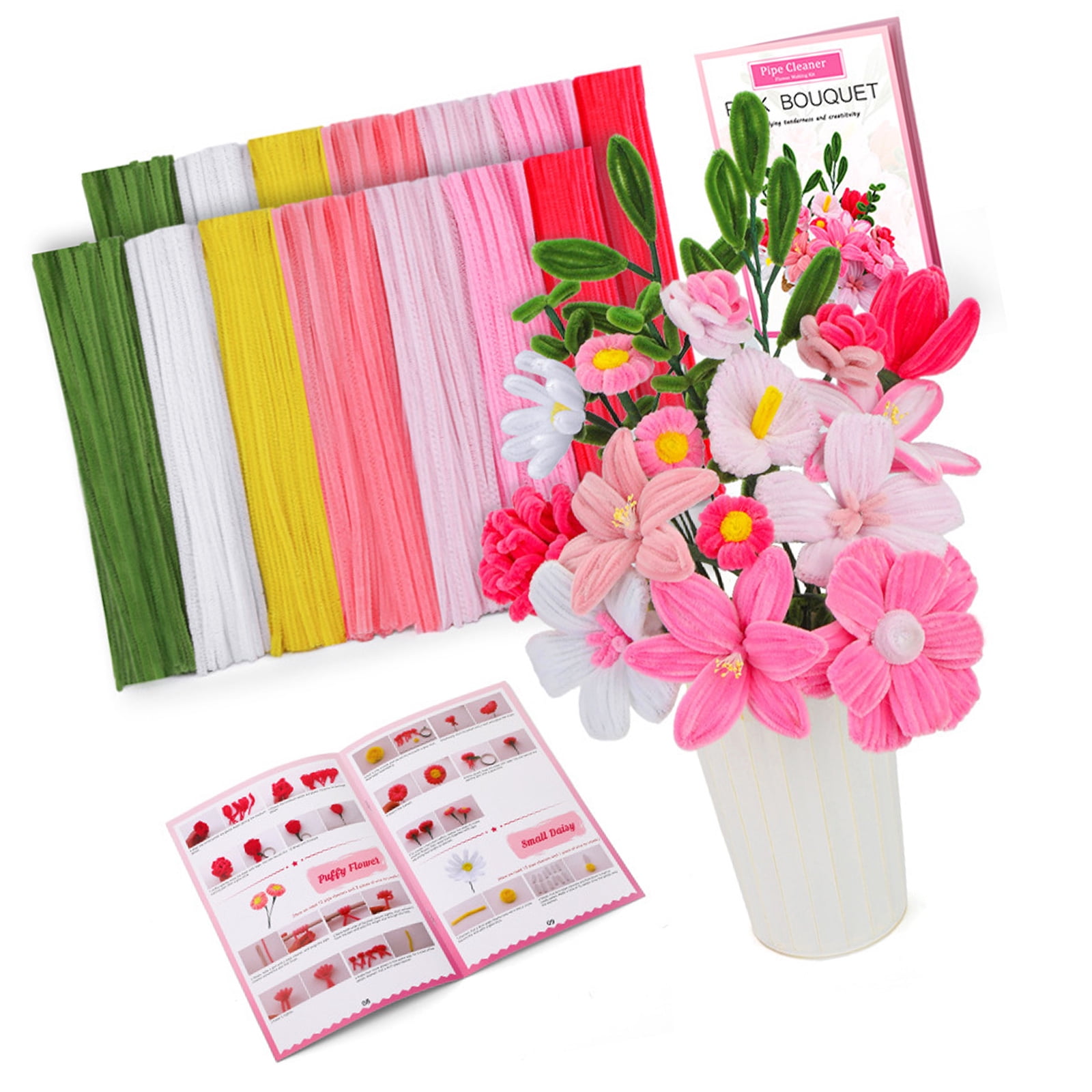 550Pcs Plush Stems Bouquets Craft Set with Instruction Handmade Pipe Cleaners Bouquets Set for Vase Flower Arrangements