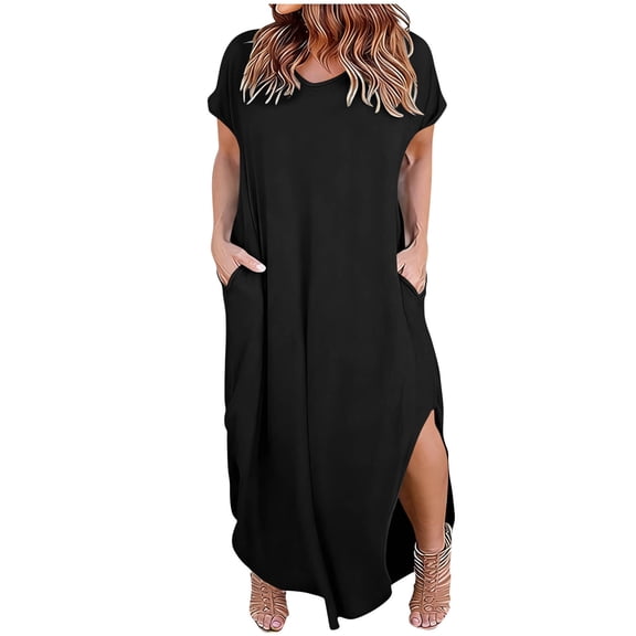 Makaor Womens Long Dresses Plus Size Shift Maxi Dresses Short Sleeve Solid Crew Neck Lounge Dress with Pockets Black 3XL