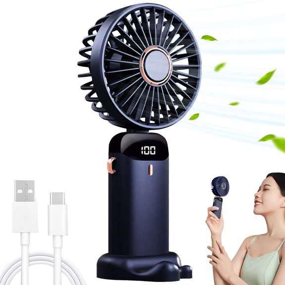Mini Portable Fan, Blue Handheld Fan,1800mAh USB Rechargeable ,LED Digital Display,5 Speed Adjustable,Suitable for Travel Office