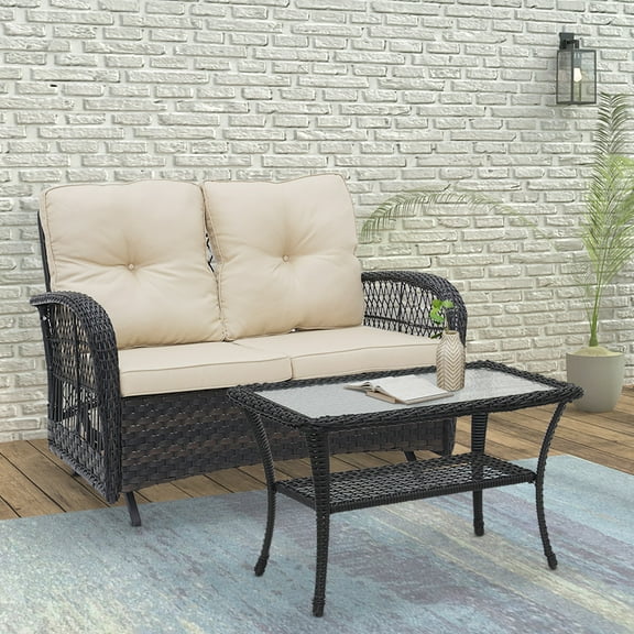 Abble Outdoor Glider Conversation 2 Piece Patio Wicker Seating Group Set with Cushions - Dark Brown