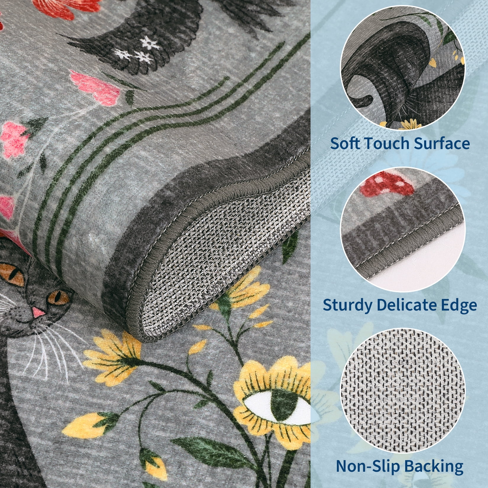 Garvee 5'x7' Boho Area Rug Cat Floral Pattern Carpet, Vintage Washable Rug Non-Slip Indoor Accent Carpet for Living Room Bedroom Home Office, Gray