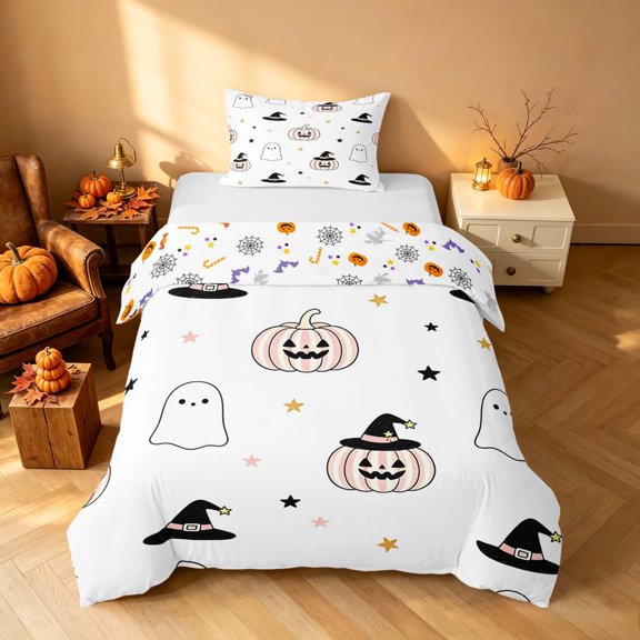 Homewish Halloween Pastel Striped Pumpkin Twin Duvet Cover for Girls, Bow Ghost Witch Hat Twin Bedding, Pink White Gold, Pumpkin Bat Reversible 2-Piece, 1 Duvet Cover and 1 Pillowcase
