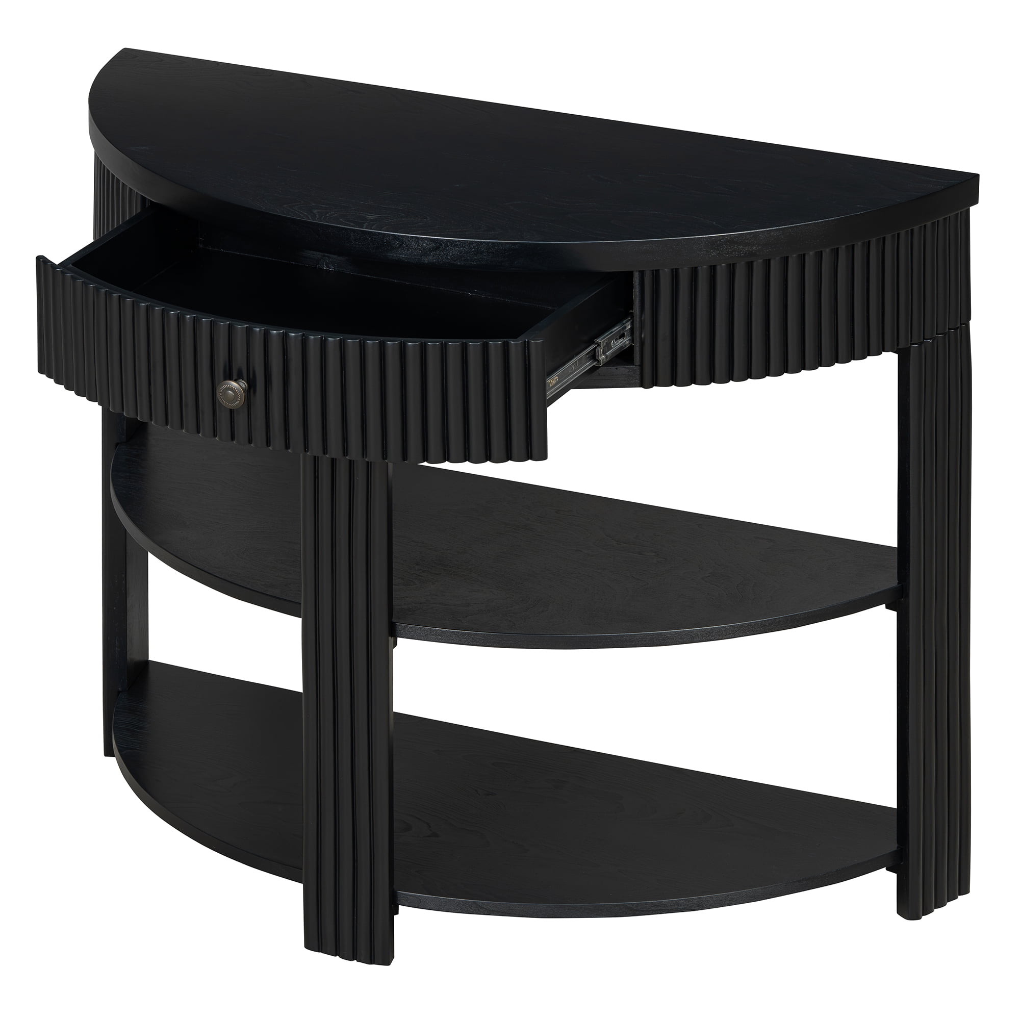 Aukfa 37" Fluted Half Moon Console Table with Drawer & Open Shelves, Entryway Accent Table for Living Room Hallway, Black