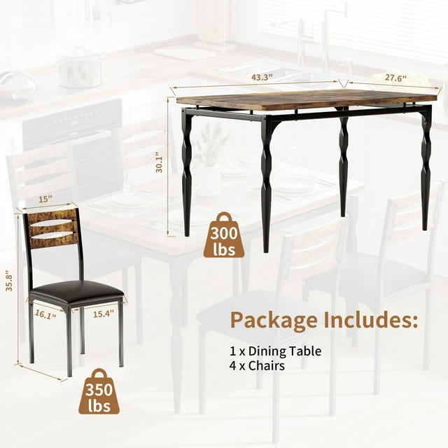 BeesClover Industrial 5-Piece Dining Table Set for 4 with Cushioned Chairs – Kitchen Table Set with Spiral Leg Design Table & Chairs for Kitchen