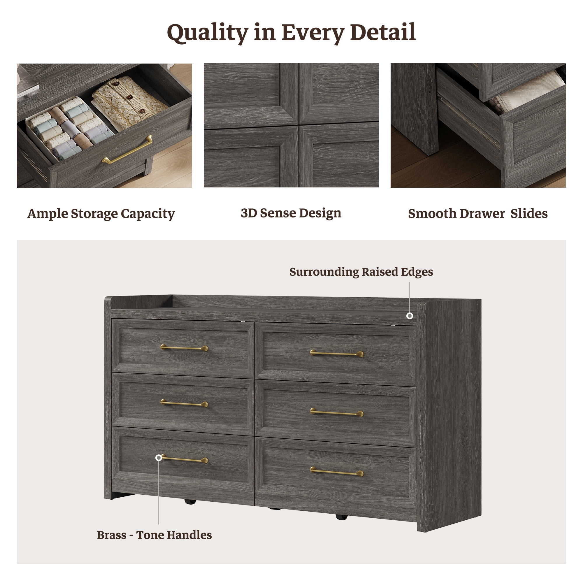 SICOTAS 56.4"W Farmhouse 6 Drawer Double Dresser, Long Chest of Drawers with Brass-tone Handles & Rolling Wheels, Wooden Dresser Storage Cabinet for Bedroom Living Room, Grey Oak