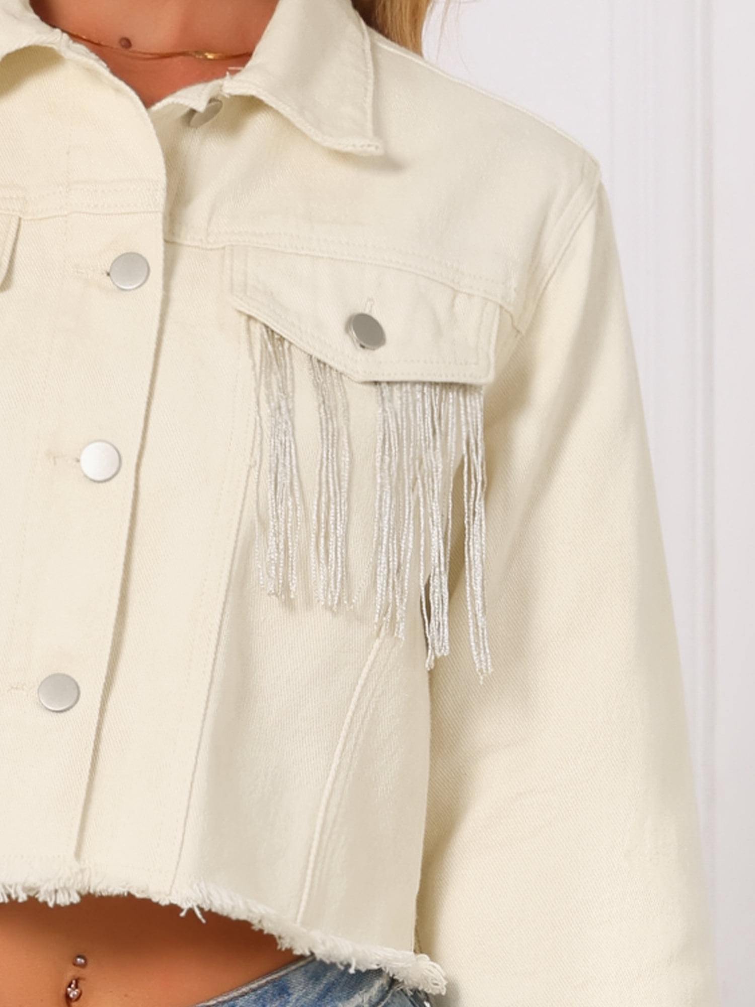 DARING DIVA Women's Cropped Jean Long Sleeve Frayed Tassel Fringe Denim Jacket XL White