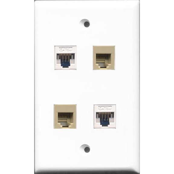 RiteAV - 2 Port Phone RJ11 RJ12 Beige 2 Port Cat5e Ethernet White Wall Plate